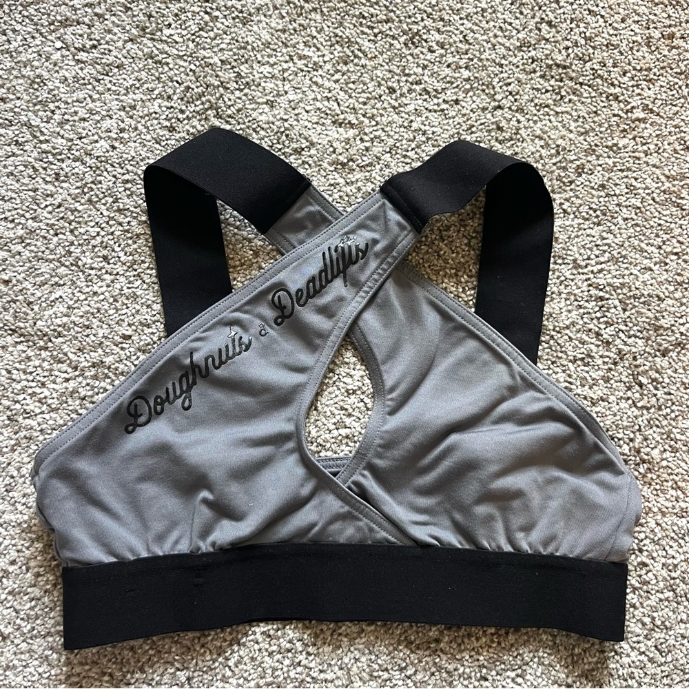 Doughnuts & Deadlifts Criss-Cross Gray Sports Bra